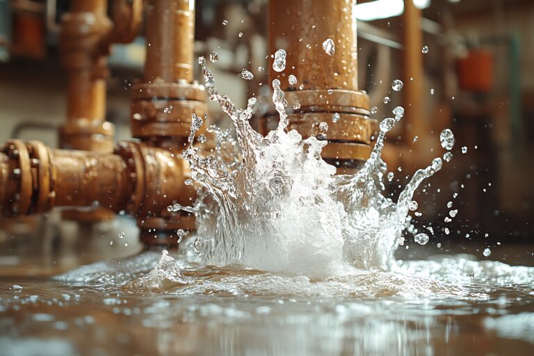 Water splashing from pipes in industrial setting