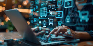 Close up of a person using an interactive online retail buying experience portal