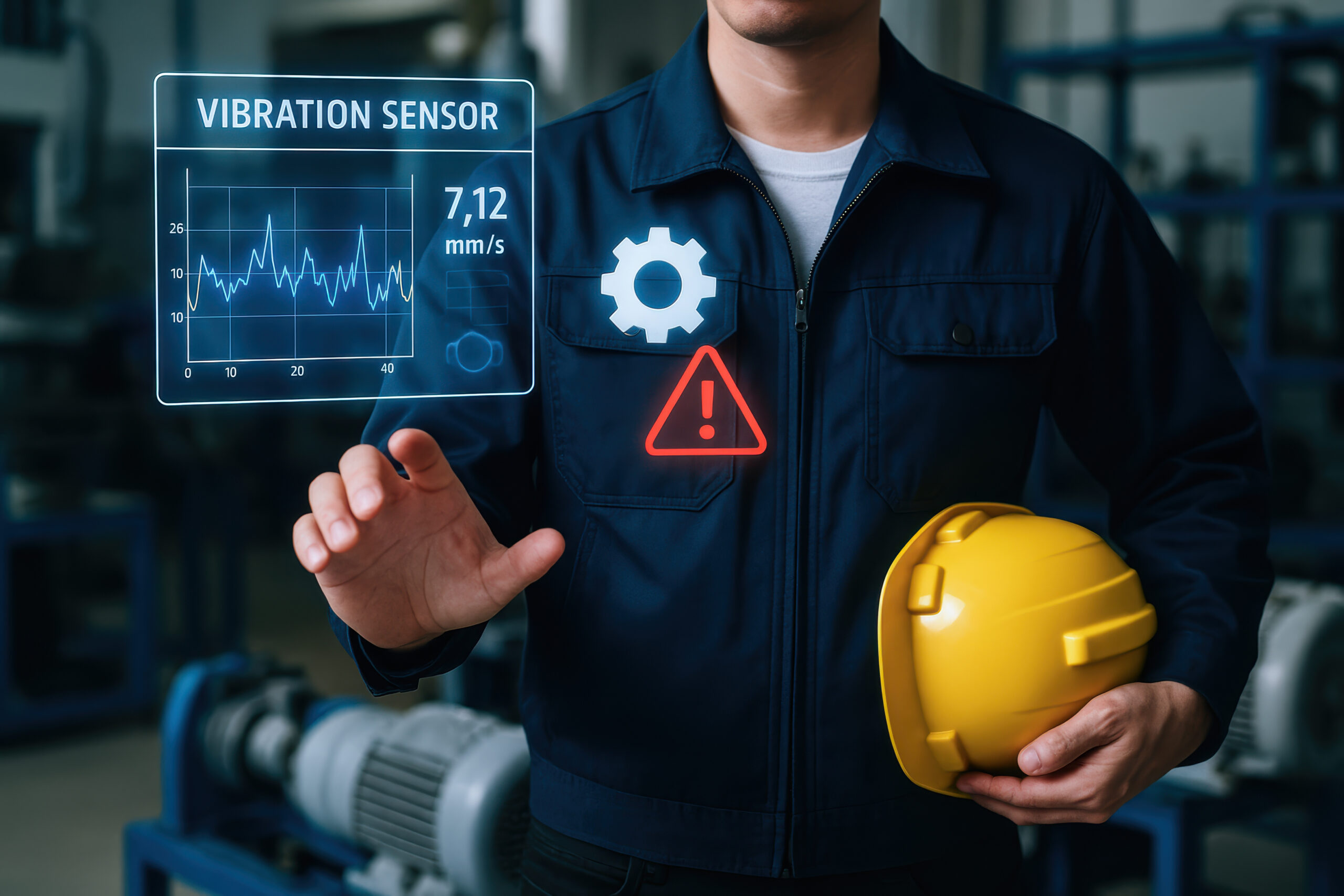 Predictive maintenance engineer uses vibration sensor technology to monitor machine condition and prevent equipment failure in industrial settings