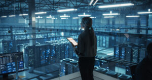 Executiva olha para Data Center