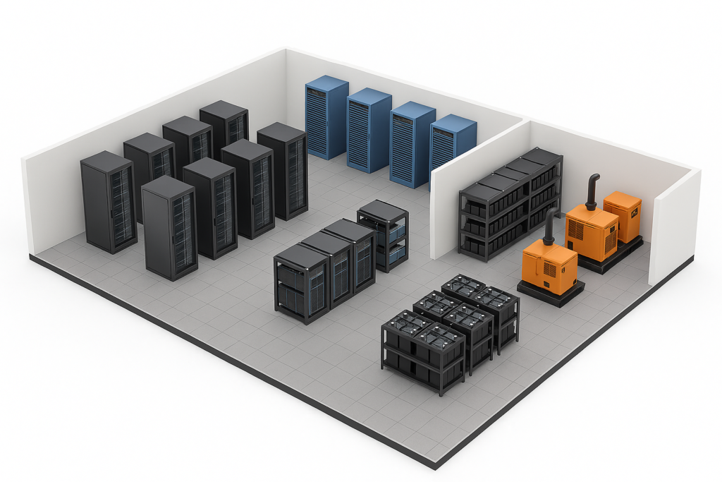 planta de data center mostra os geradores, ar-condicionado e CPUs